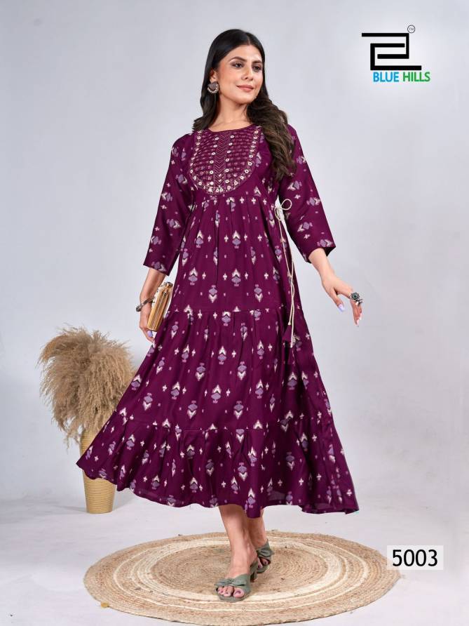 Sarfaraz Vol 5 By Blue Hills Rayon Printed Embroidery Gown Style Kurti Wholesale Online